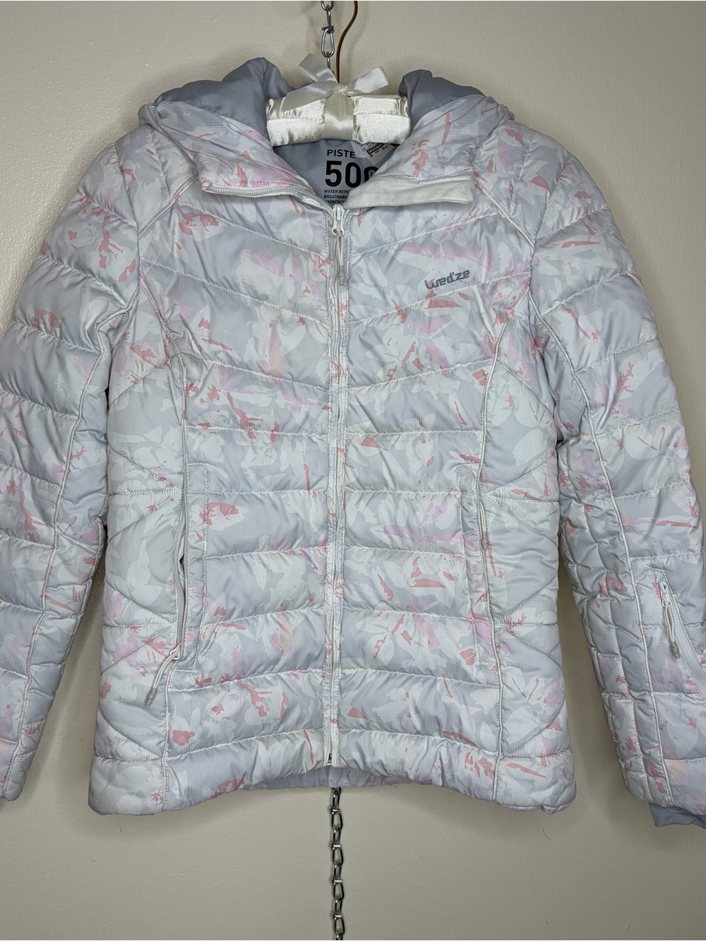 Wed’ze Down Light Gray & Pink Quilted Hooded Ski Jacket